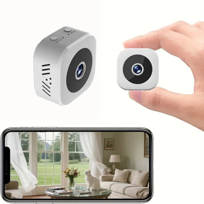 Indoor mini wireless security camera with 1080p HD for discreet home monitoring.
