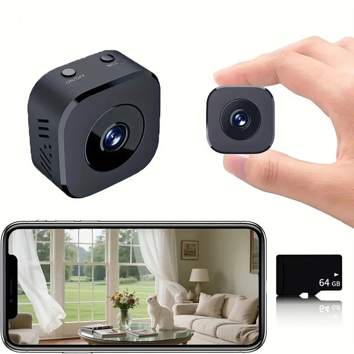 Home security mini camera with 1080p HD, wireless connectivity & night vision capabilities.
