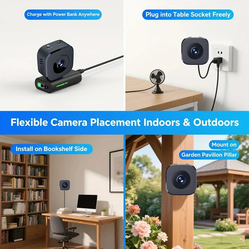 Small wireless security camera for indoor use, featuring 1080p HD and night vision.