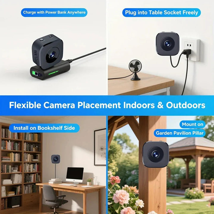 Small wireless security camera for indoor use, featuring 1080p HD and night vision.
