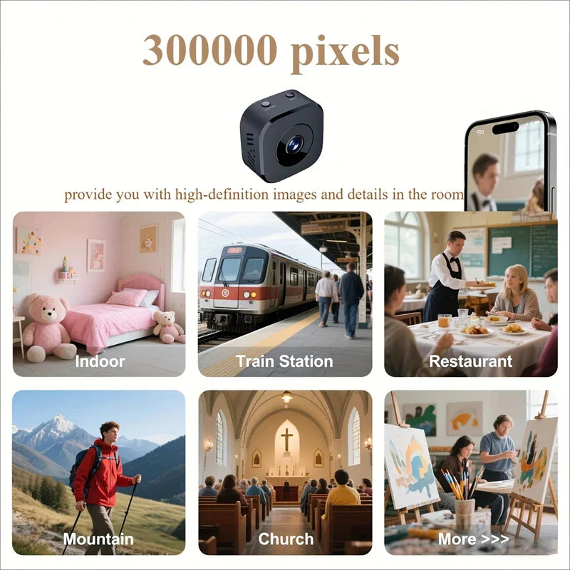 Indoor home security camera, mini size, wireless, 1080p HD with enhanced night vision.