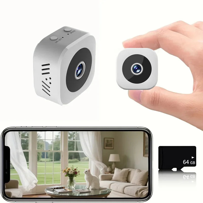 Wireless indoor mini security camera with night vision and crisp 1080p HD video.