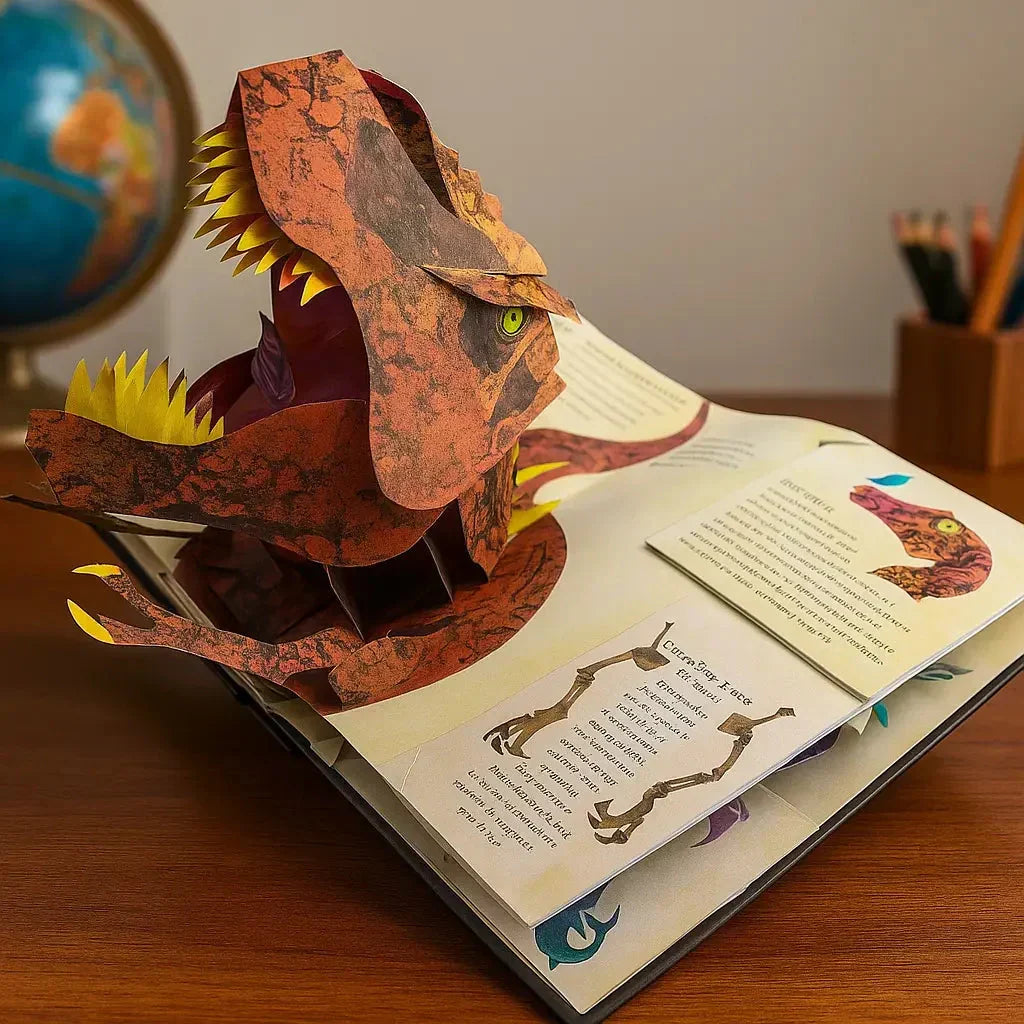 Interactive 3D dinosaur pop-up book for kids, featuring prehistoric animals & Jurassic adventure for educational fun.
