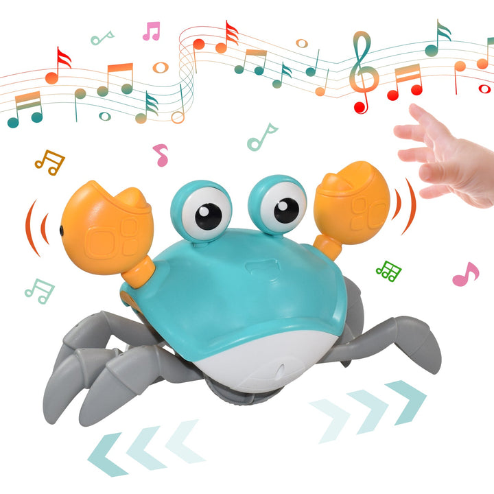 Musical crawling crab toy with lights, perfect for tummy time & early infant development. Educational & interactive.