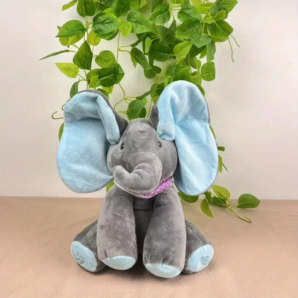 Interactive gray plush elephant toy playing peek-a-boo, a talking stuffed animal for babies & toddlers.