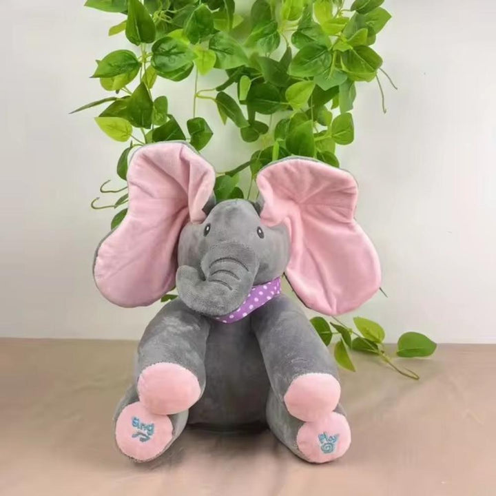 Soft talking peek-a-boo elephant plush toy, perfect unisex baby gift, an interactive musical stuffed animal.