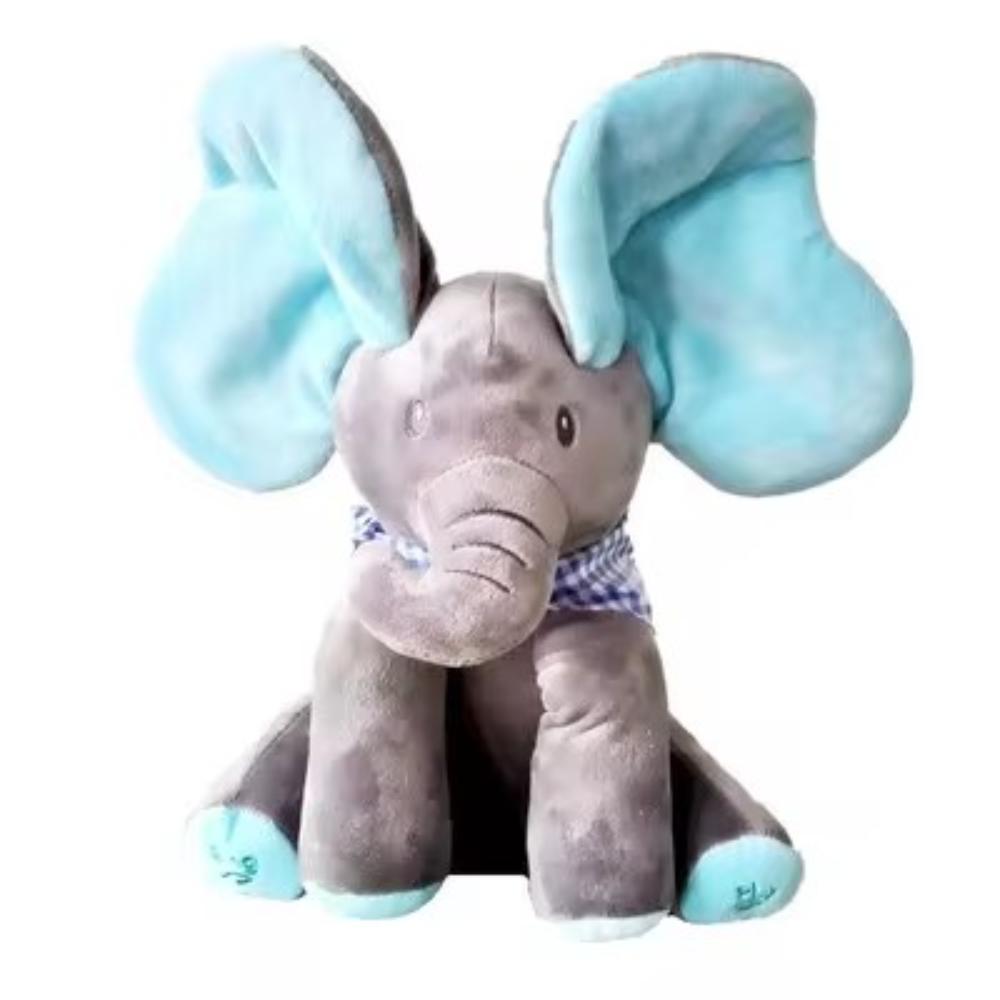 Developmental talking elephant plush toy for toddlers, features peek-a-boo game, soft interactive stuffed animal.