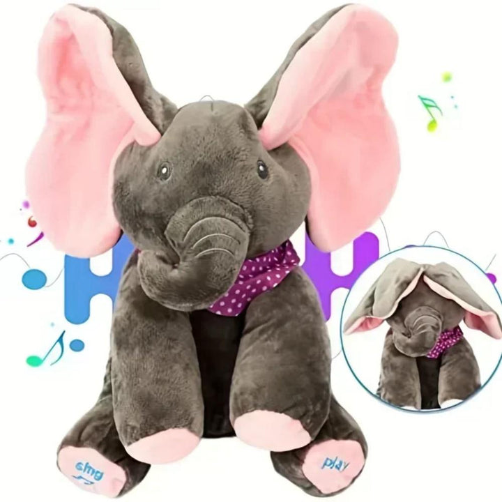 Adorable talking peek-a-boo elephant plush toy for kids. Soft, interactive, & musical stuffed animal baby gift.