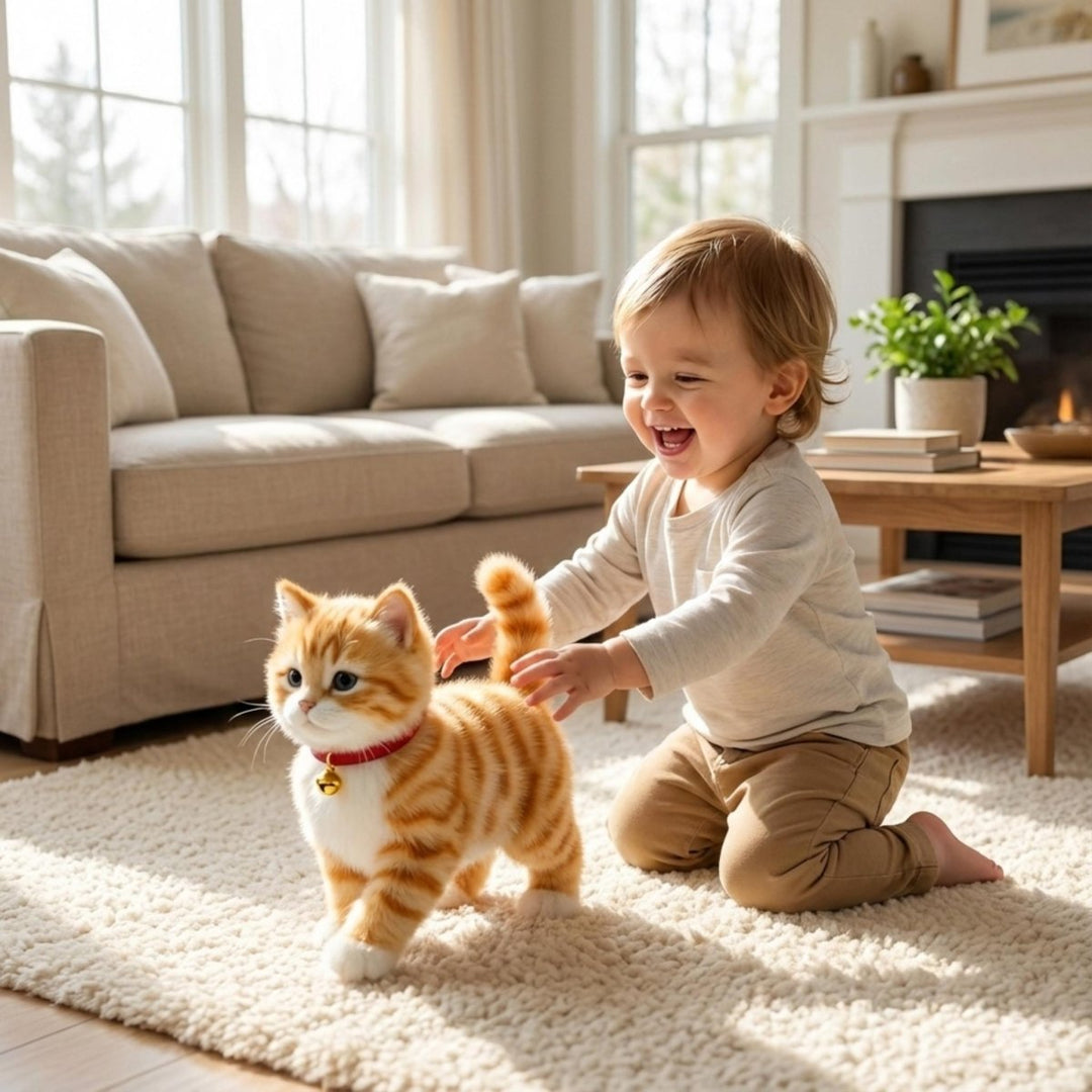 Cuddly interactive plush cat toy for kids, encouraging imaginative play & empathy development.