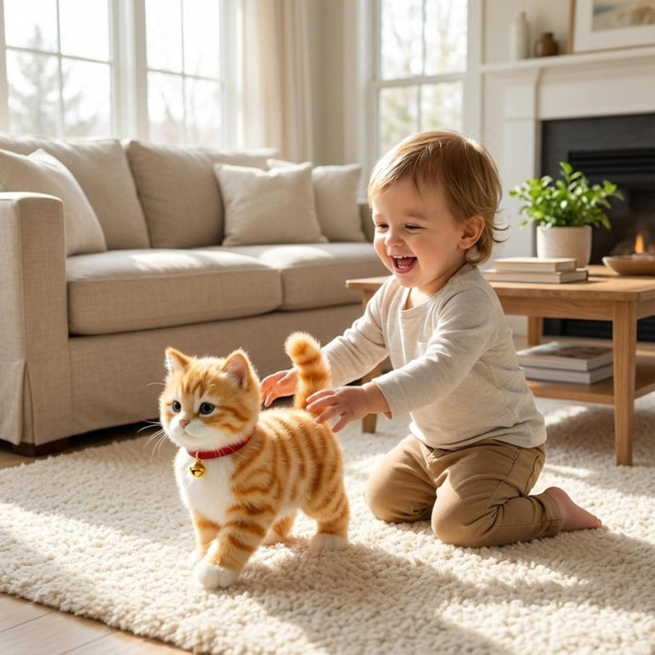 Cuddly interactive plush cat toy for kids, encouraging imaginative play & empathy development.