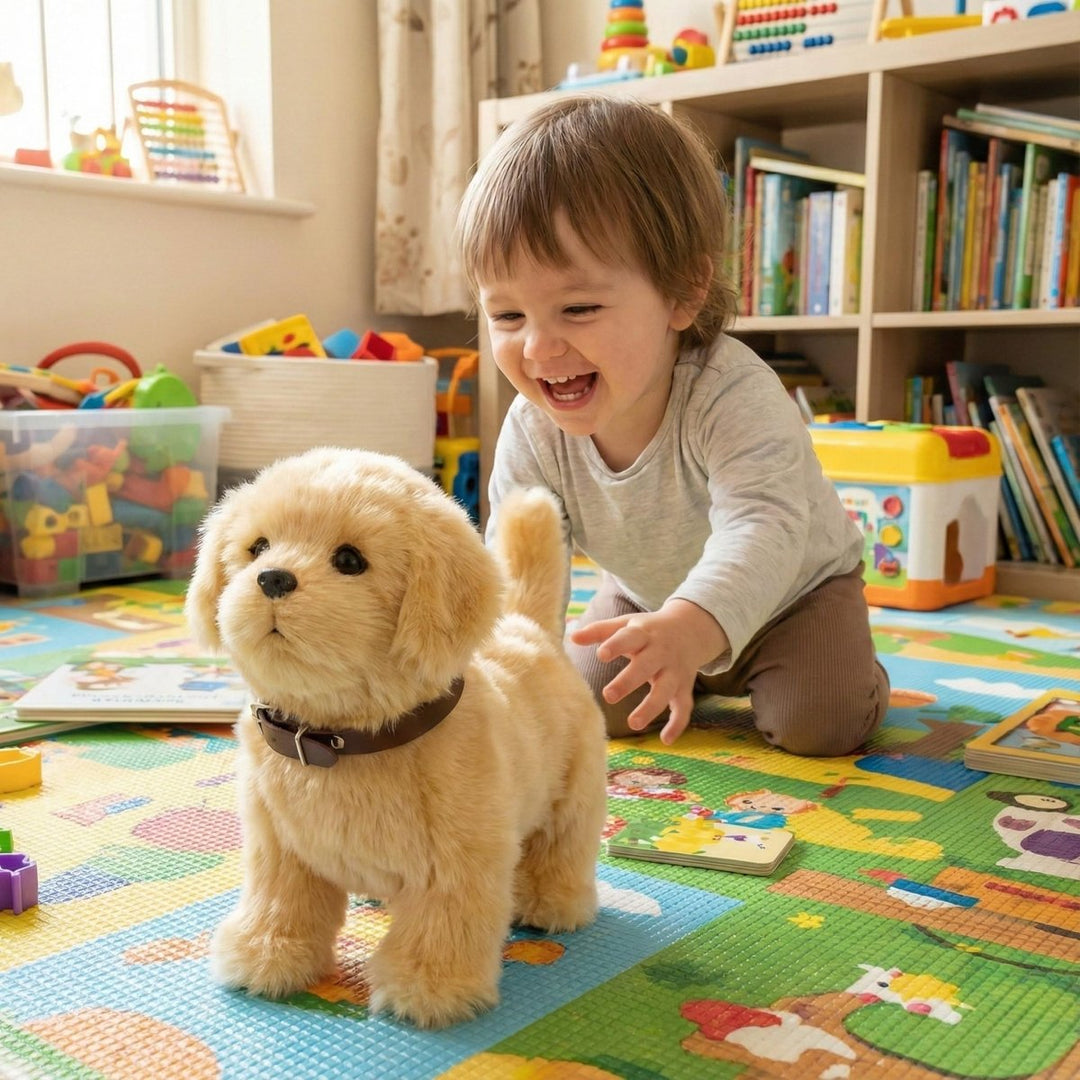 Cute children's interactive robot puppy toy, walking and barking with realistic movements for engaging playtime.