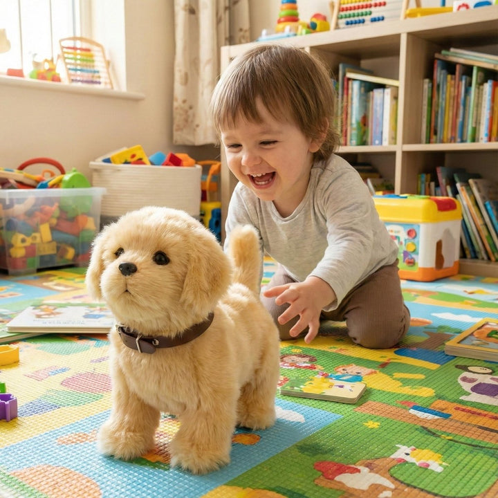 Cute children's interactive robot puppy toy, walking and barking with realistic movements for engaging playtime.