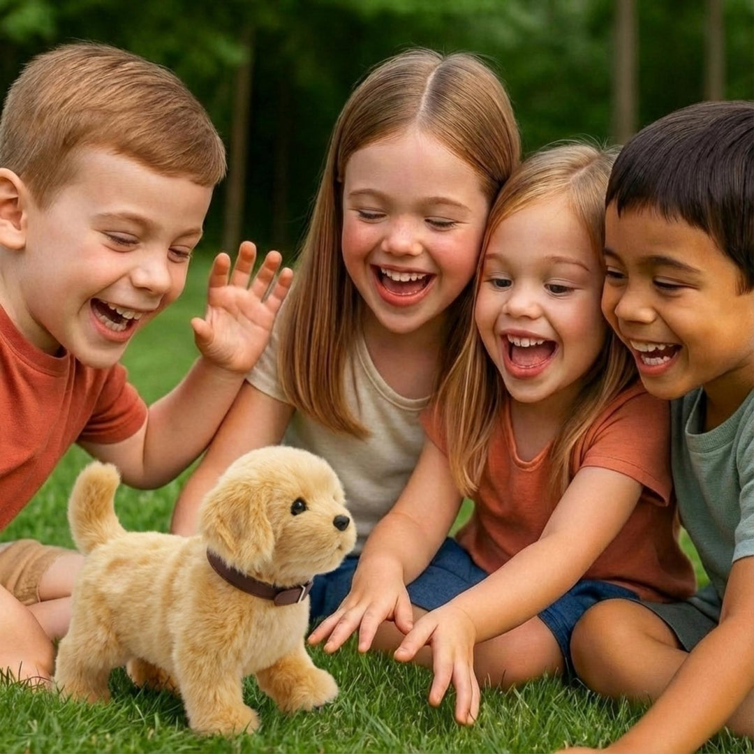 Child happily playing with a soft plush robot puppy toy, an electronic animal offering interactive fun and companionship.
