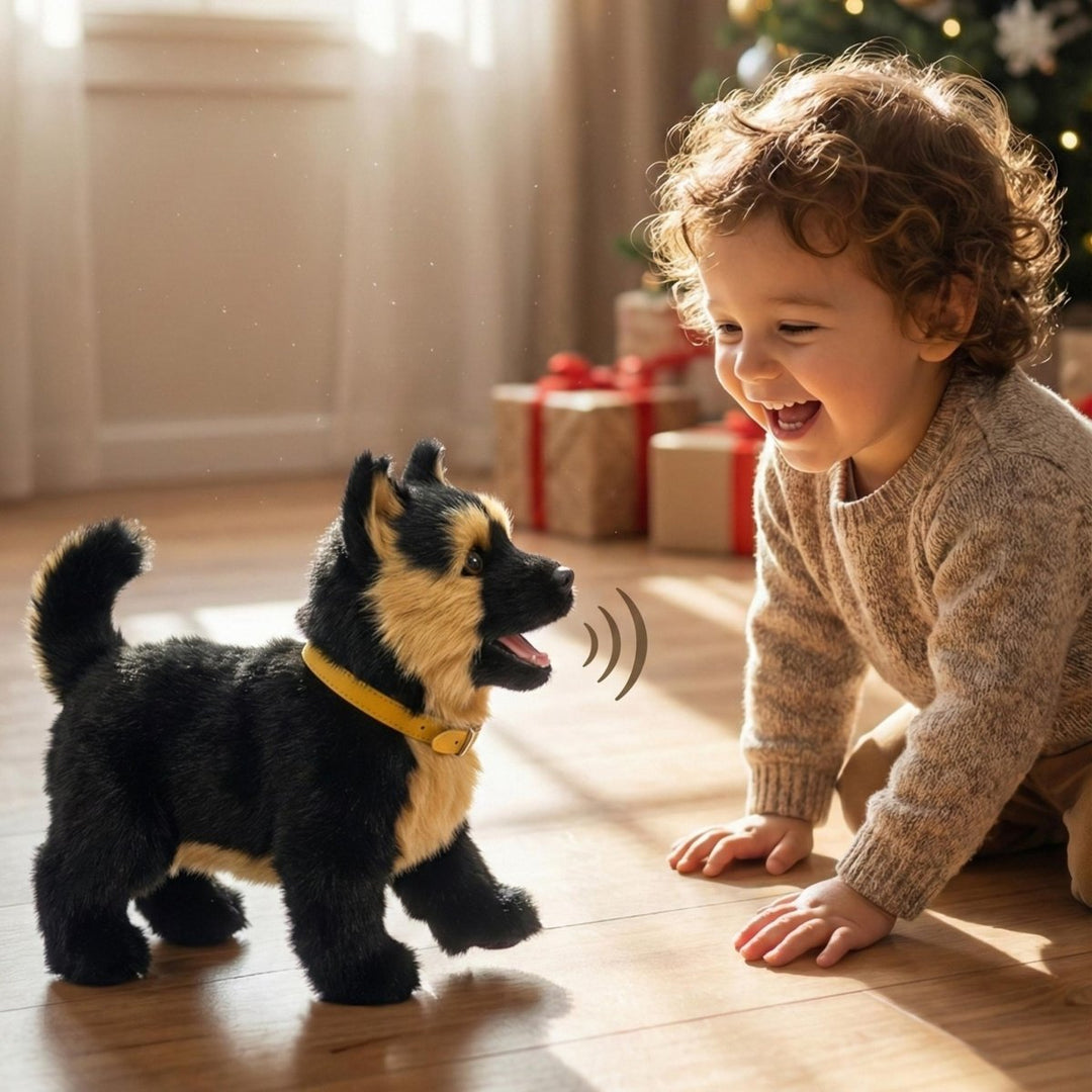 Lifelike interactive robot puppy, an electronic pet for children providing companion and educational fun.