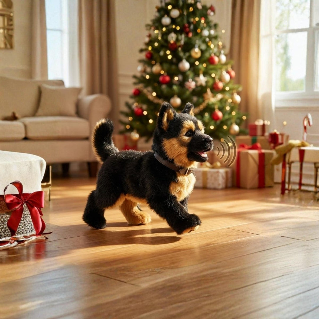 Cute plush-like robot puppy toy, with engaging realistic movements, ideal interactive gift for kids.