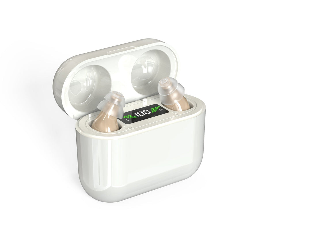 Rechargeable invisible hearing aid; comfortable personal sound amplifier for enhanced clarity & daily use.