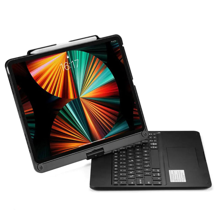 Secure iPad keyboard case with responsive backlit keys & a high-precision trackpad for work.
