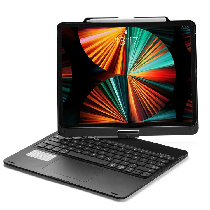 Portable iPad workstation: keyboard case with bright backlit keys & a smooth precision trackpad.