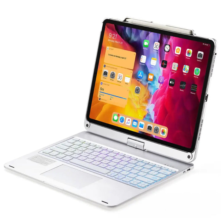 Durable iPad accessory: keyboard case with backlit keys, precision trackpad, & protective shell.