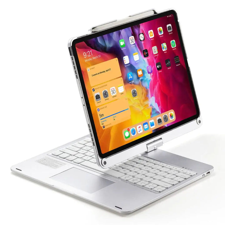 Sleek iPad keyboard case with seven-color backlit keys and a large, precise trackpad area.