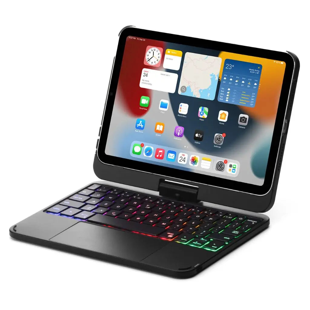 Smart iPad workstation: keyboard case with bright backlit keys and an integrated trackpad.