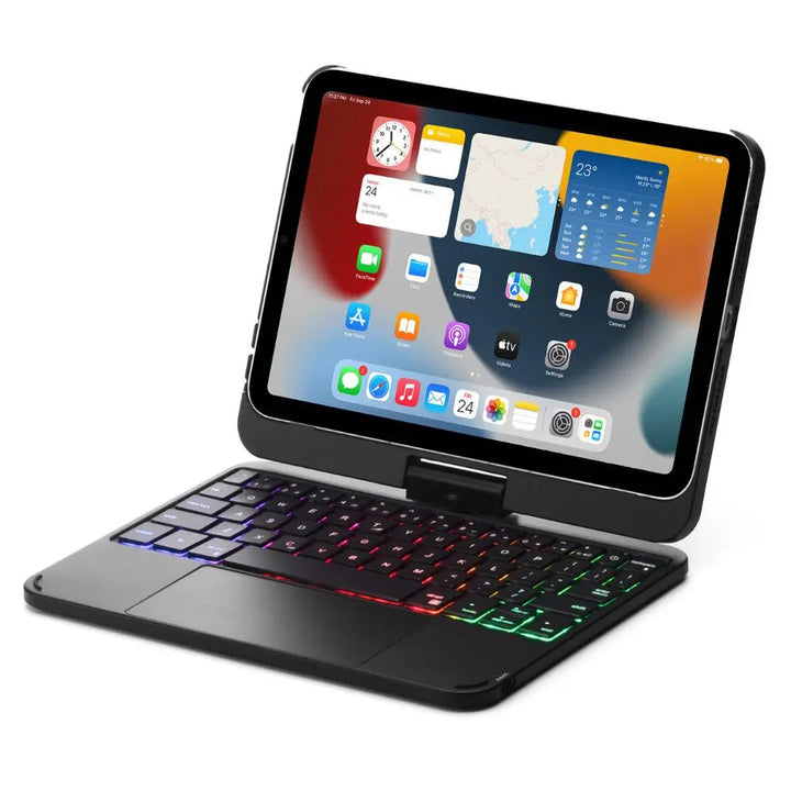 Smart iPad workstation: keyboard case with bright backlit keys and an integrated trackpad.