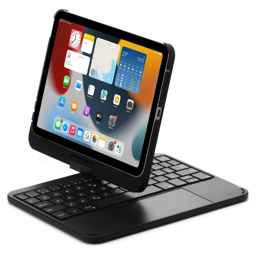 Portable iPad setup: keyboard case with backlit keys, multi-touch trackpad, & slim profile.