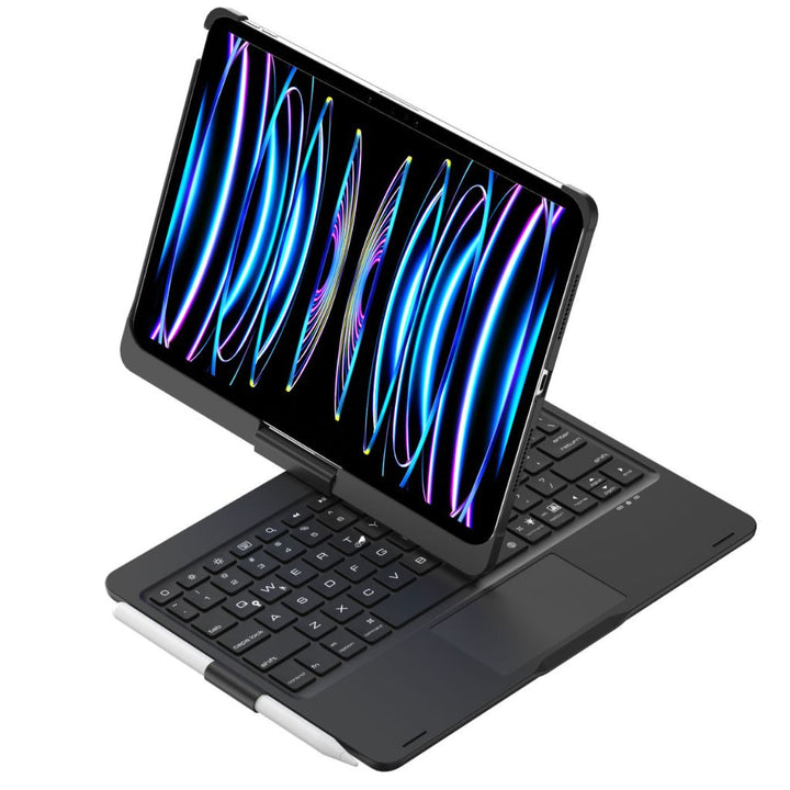 Portable iPad keyboard case: backlit keys, precision trackpad, & durable design for travel.