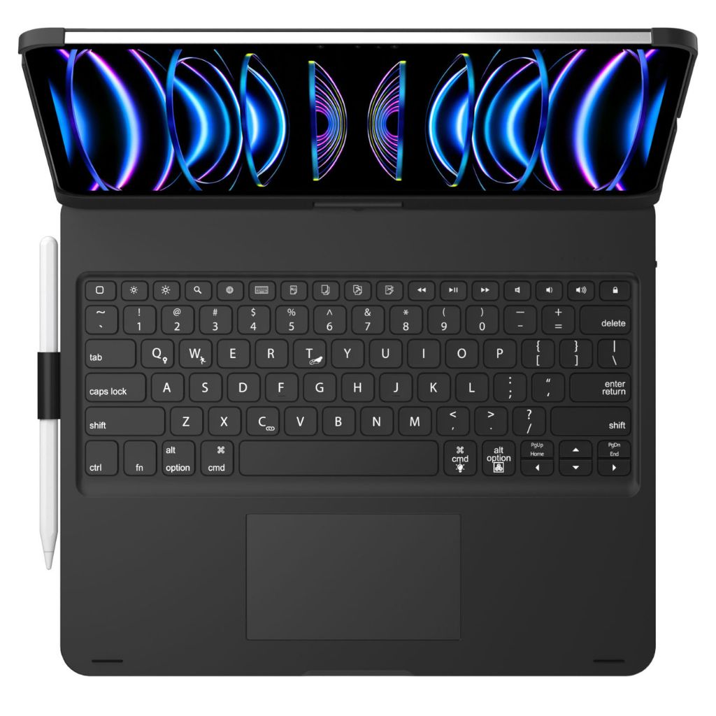 Modern iPad keyboard case with bright backlit keys and an ultra-responsive precision trackpad.
