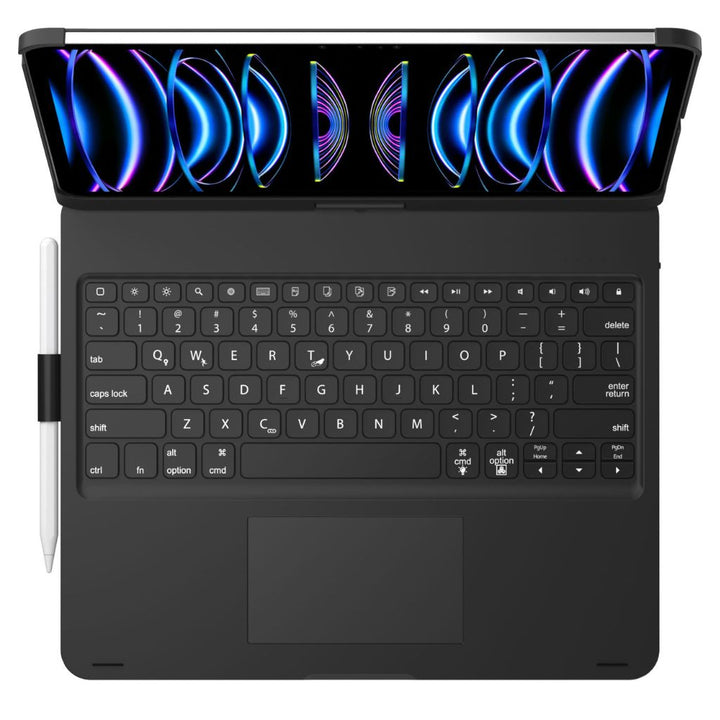 Modern iPad keyboard case with bright backlit keys and an ultra-responsive precision trackpad.