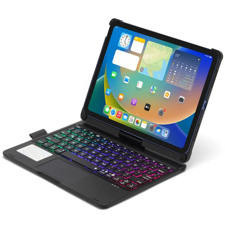 Integrated iPad keyboard case with backlit keys, precision trackpad, & durable construction.
