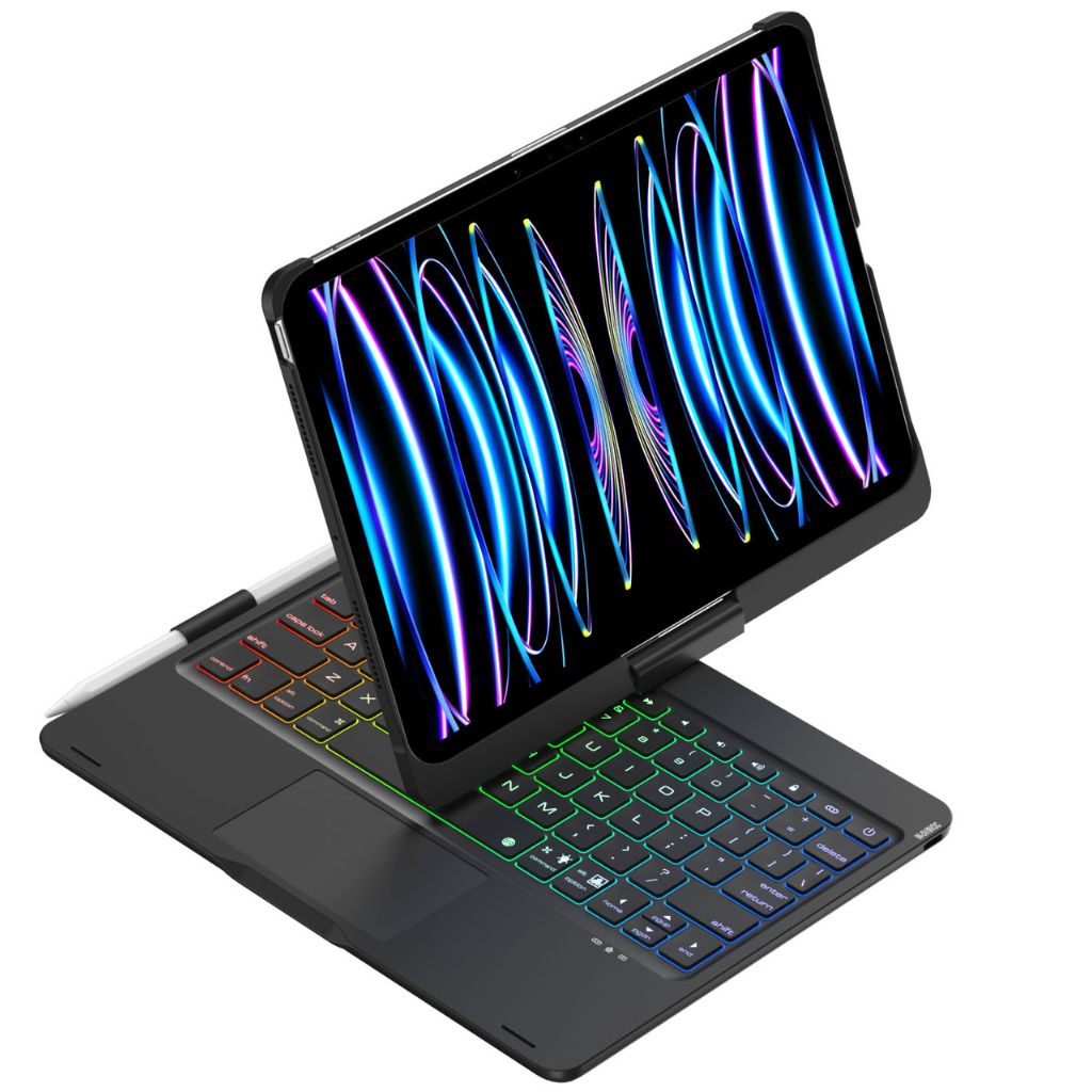 Tech gadget essential: iPad keyboard case with glowing backlit keys & responsive trackpad.