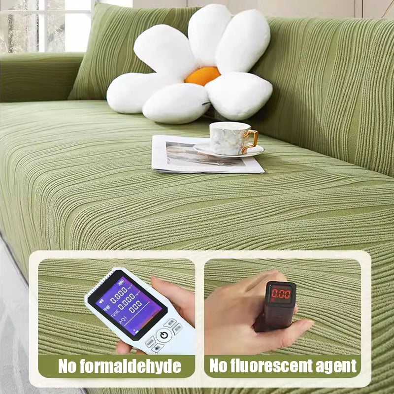 Easy-care jacquard sofa cover, machine washable & stretchable, maintaining living room style.