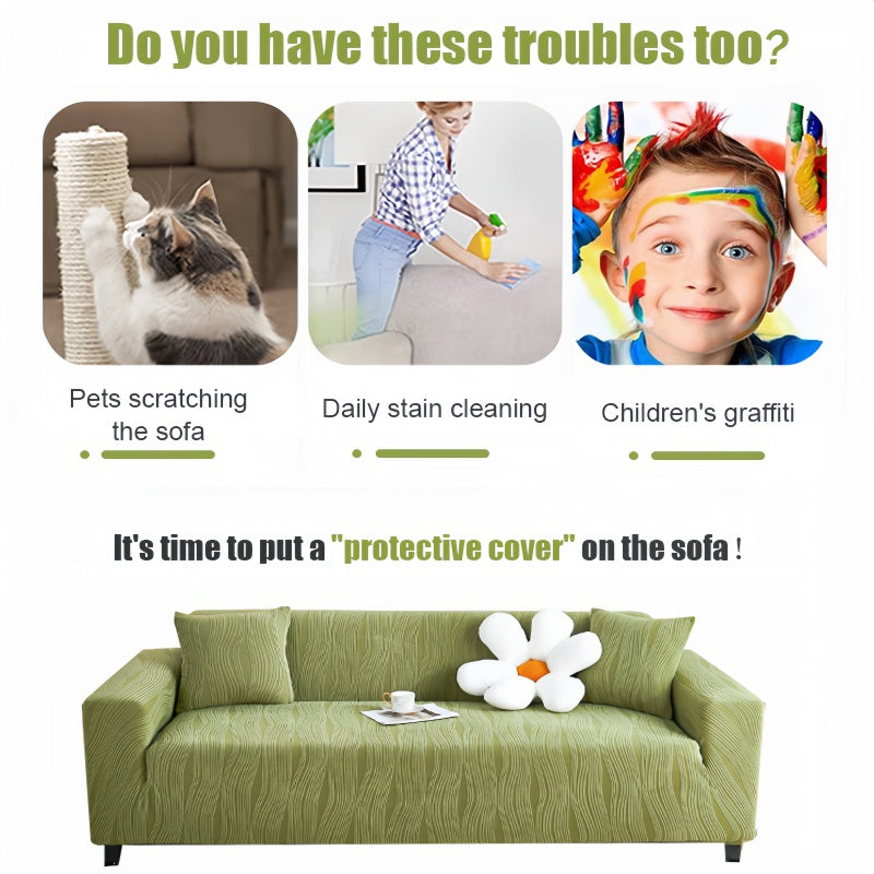 Stretch fit jacquard sofa protector, thick & washable, ideal for living room decor & pets.