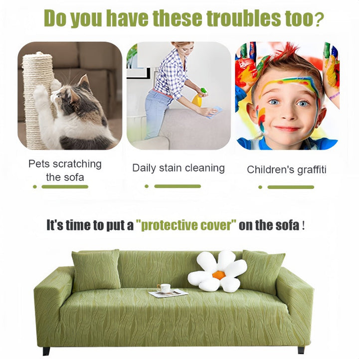 Stretch fit jacquard sofa protector, thick & washable, ideal for living room decor & pets.