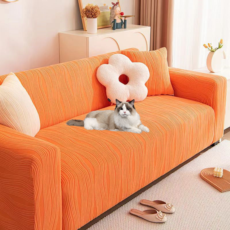 Modern living room sofa cover, stretch fit jacquard fabric, pet-friendly & easy to clean.