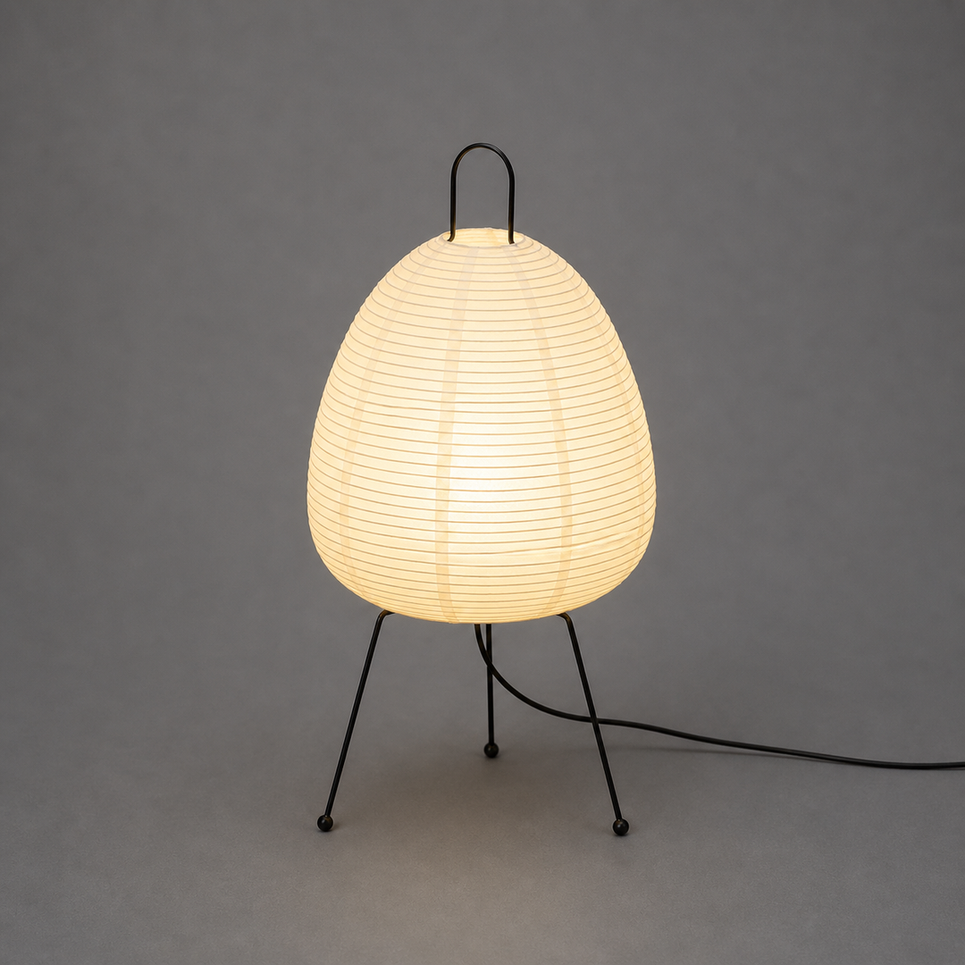 Japandi LED table lamp with a natural rice paper shade, perfect for modern living room or bedroom decor. Ambient lighting.