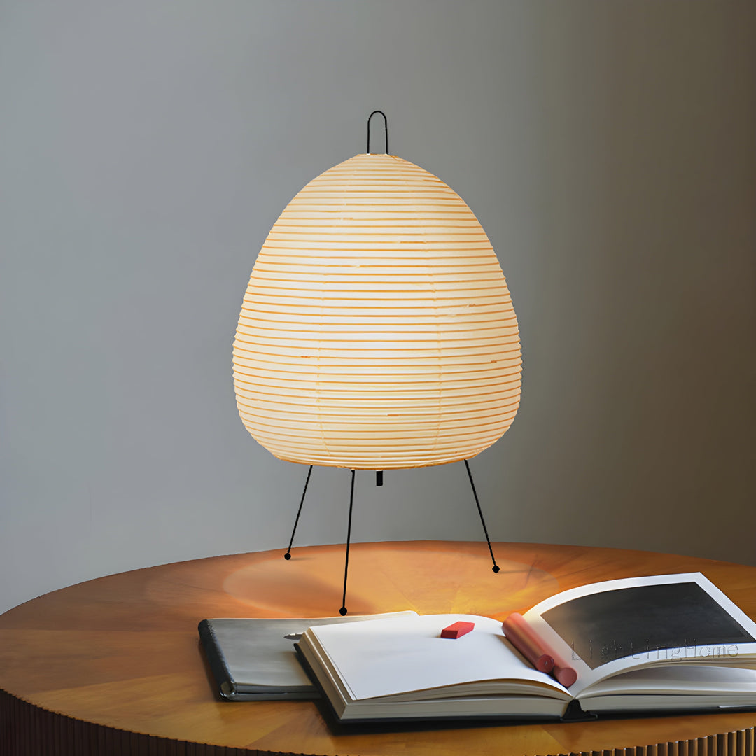 Japanese Akari Wabi-Sabi rice paper table lamp, minimalist design for bohemian home decor. Soft LED lighting.