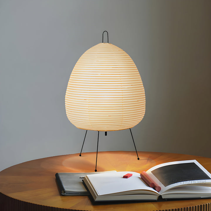 Japanese Akari Wabi-Sabi rice paper table lamp, minimalist design for bohemian home decor. Soft LED lighting.