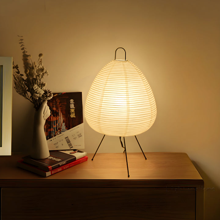 Elegant Japanese Akari style rice paper table lamp. Wabi-Sabi minimalist LED lighting perfect for modern home decor.