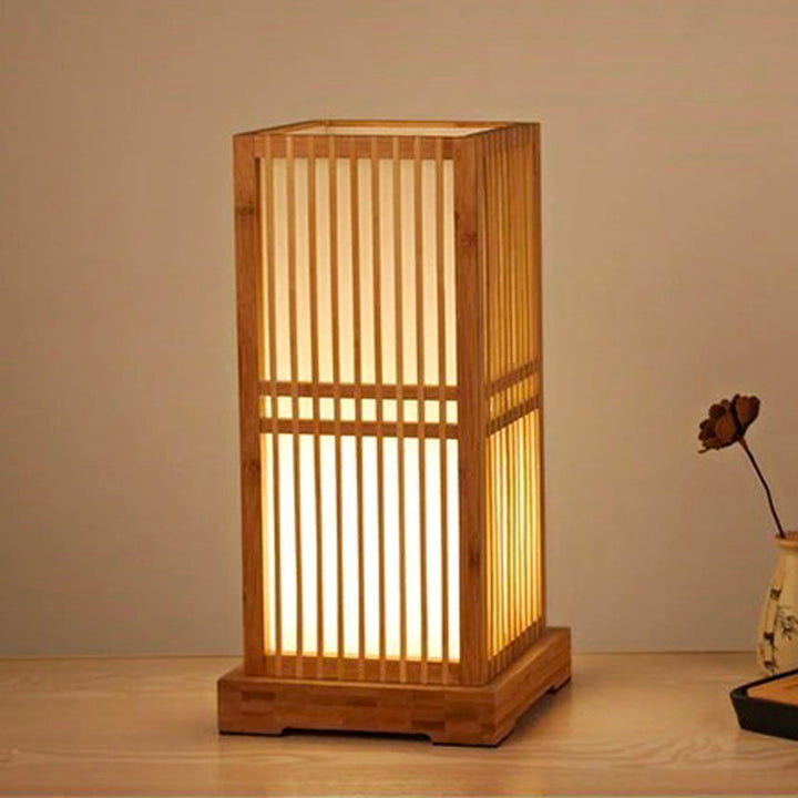 Elegant bamboo table lamp with natural wood base, perfect for Japanese Tatami style zen decor.