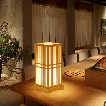 Zen decor wood table lamp with delicate bamboo shade. Perfect tatami style bedside light & home accent.