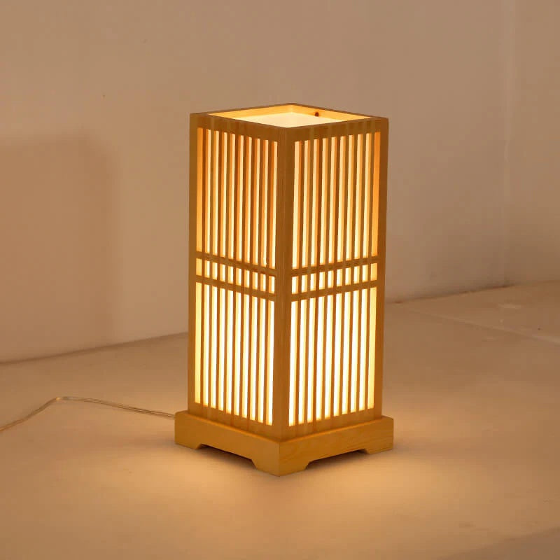 Natural bamboo & wood table lamp. Japanese tatami style for serene zen decor and soft lighting.