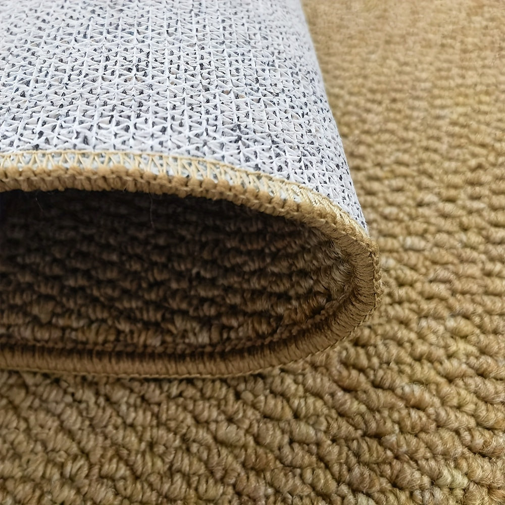 Jute-look absorbent indoor/outdoor door mat for entryway. Soft, durable, machine washable home decor.