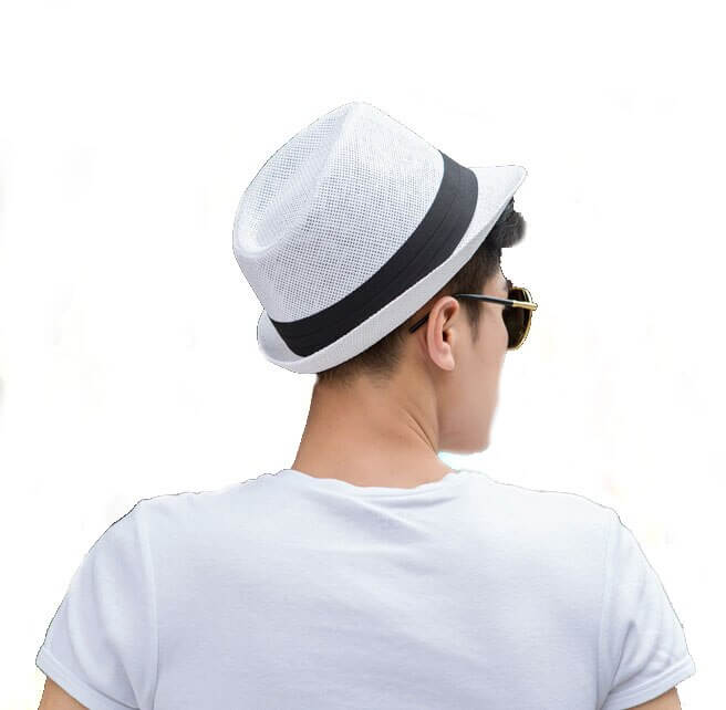 White unisex classic trilby summer hat, lightweight design for comfortable sun protection.