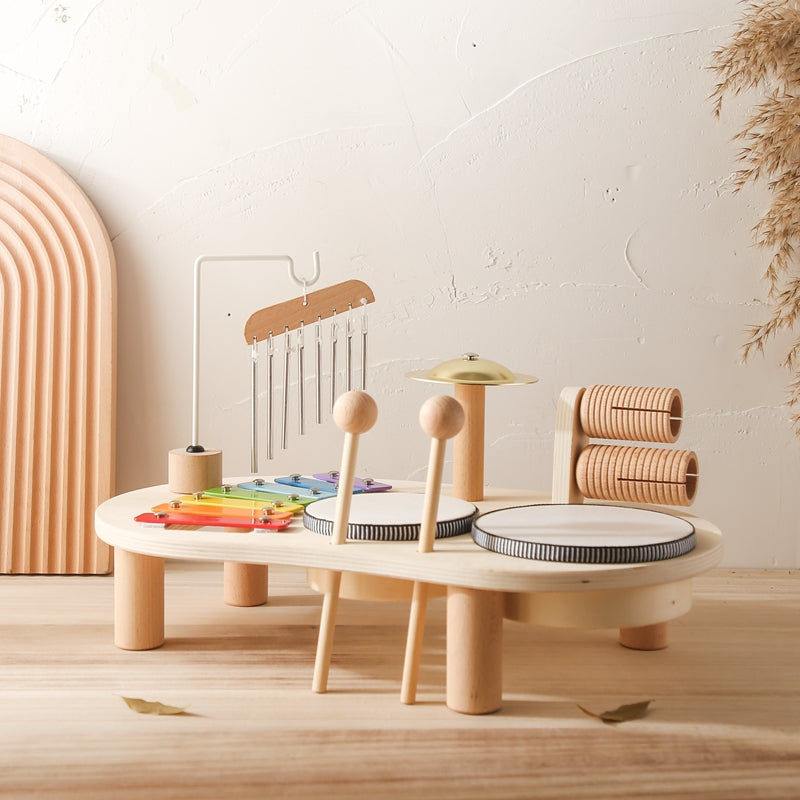 Kid's interactive wooden music center play table for toddlers. Educational musical learning toy & sensory instrument for early development.
