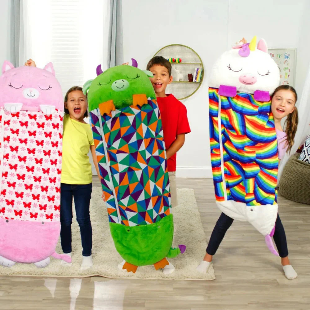 Kids' 2-in-1 animal sleeping bag & cuddle buddy. Perfect child nap mat for play & sleepovers.