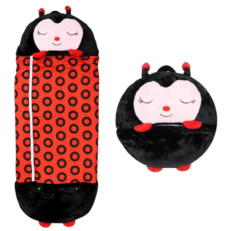 Portable kids' 2-in-1 sleeping bag for travel & sleepovers. Transforms into a fun cuddle toy.