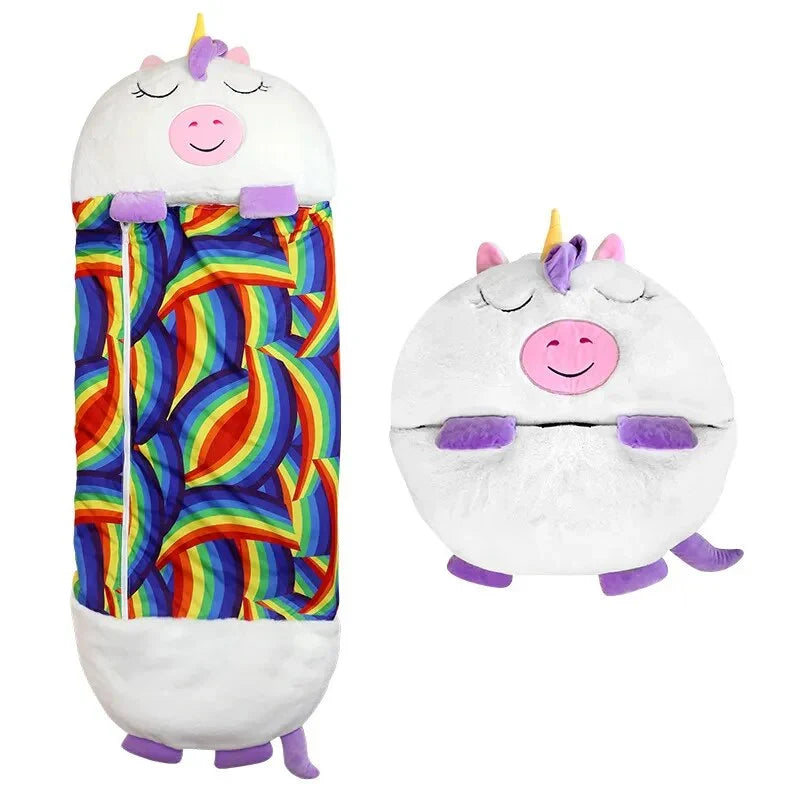 Soft polyester kids' 2-in-1 sleeping bag & cuddle buddy. Machine washable nap mat for children.