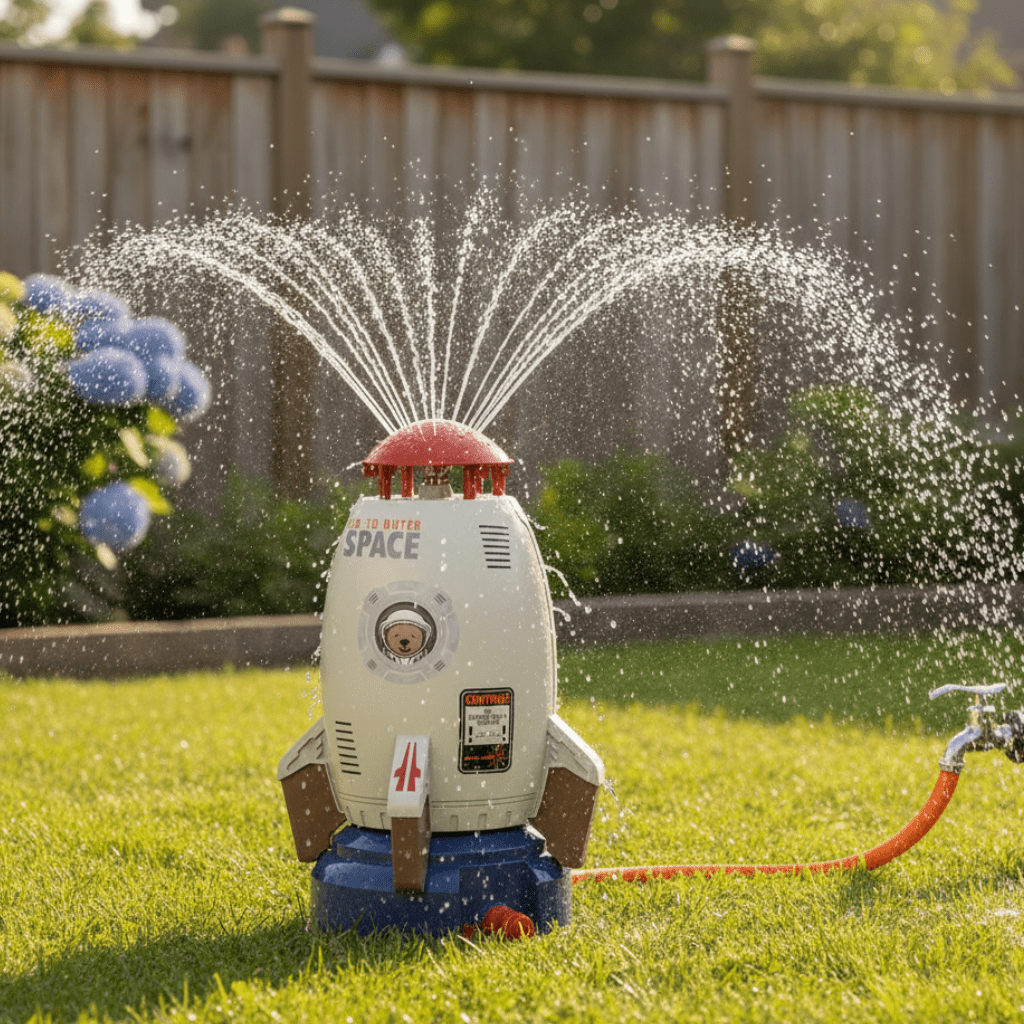 Kids' 360° rotating garden sprinkler toy, perfect for summer water play & backyard fun.
